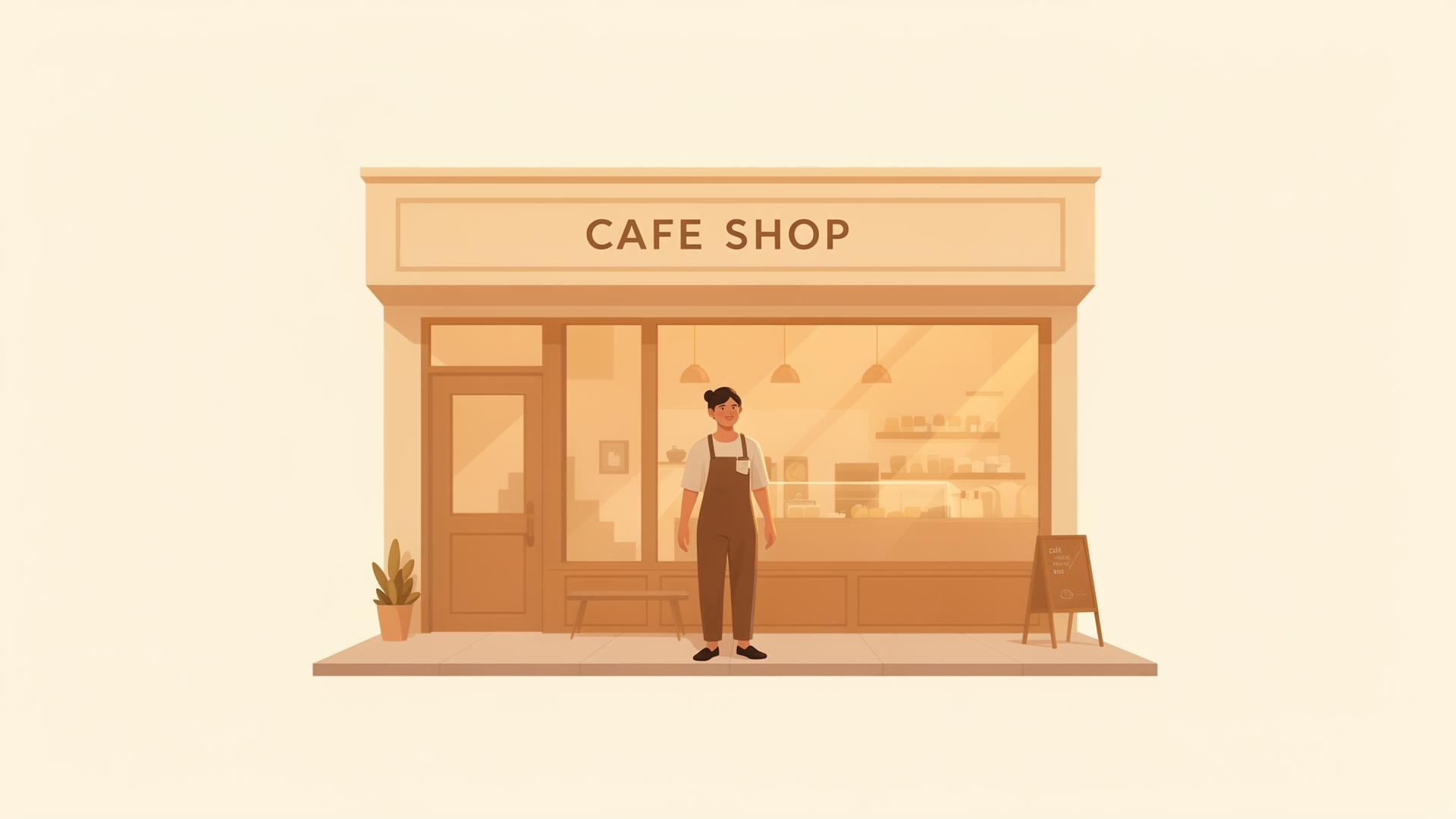 Small business owner standing in front of their cafe